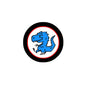 Round pinback button with blue dinosaur illustration, black rim and red border