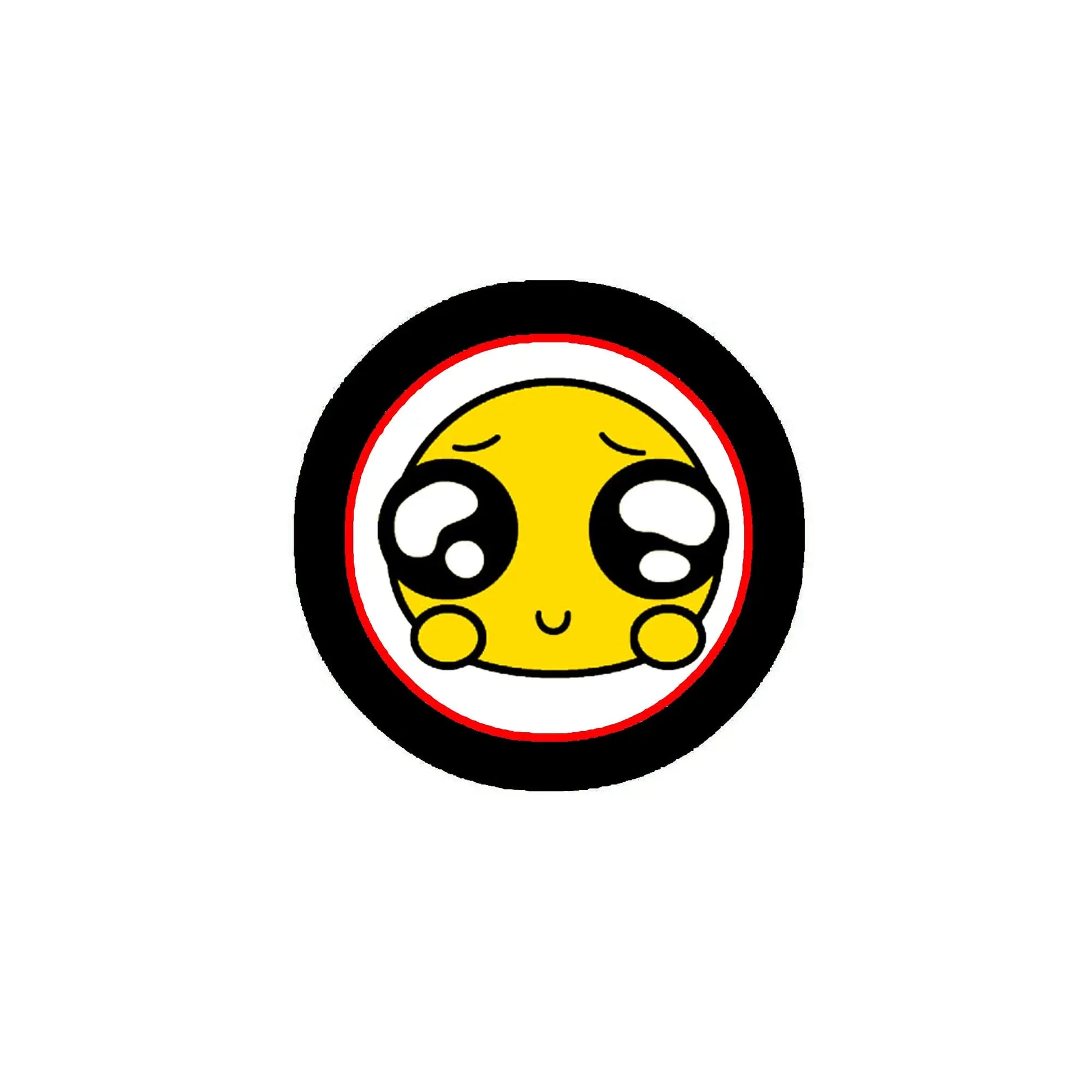 Round 2.25-inch pinback button with yellow sad emoji face in black border