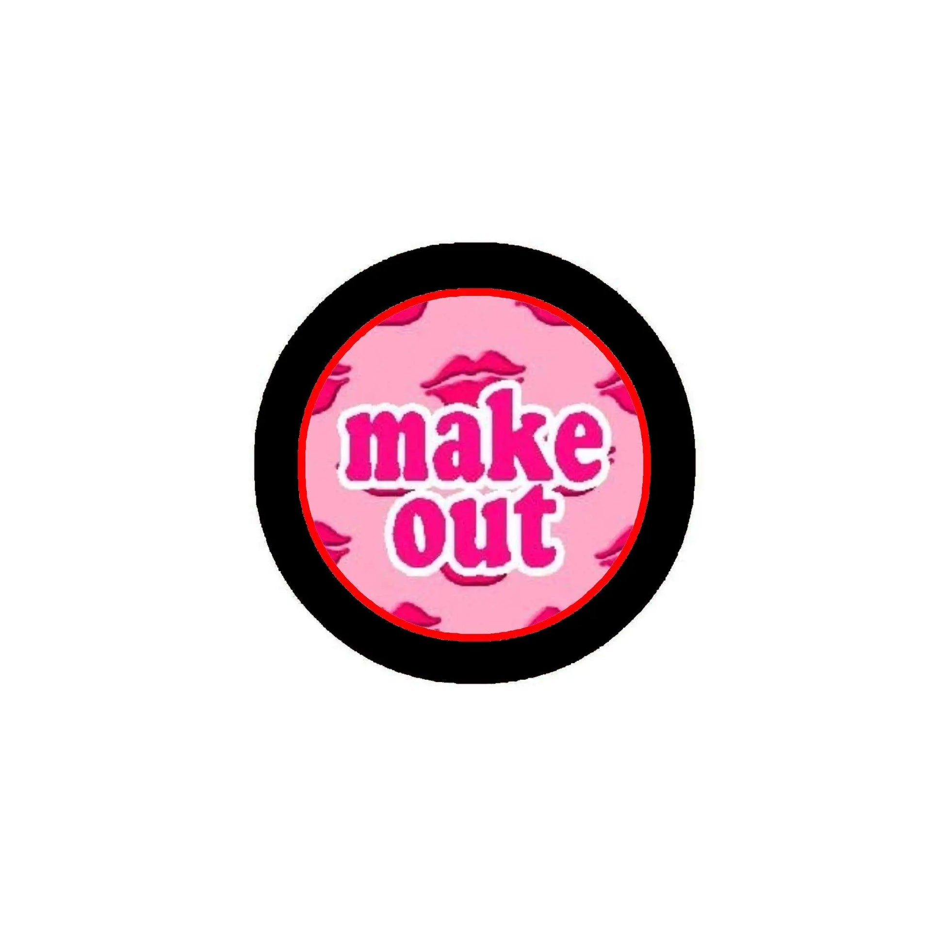 Make Out pinback button with pink lips and black border, round 1.25-inch badge