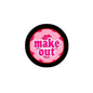Make Out pinback button with pink lips and black border, round 1.25-inch badge