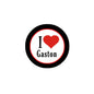 Round black pinback button with red heart and white 'I Love Gaston' text