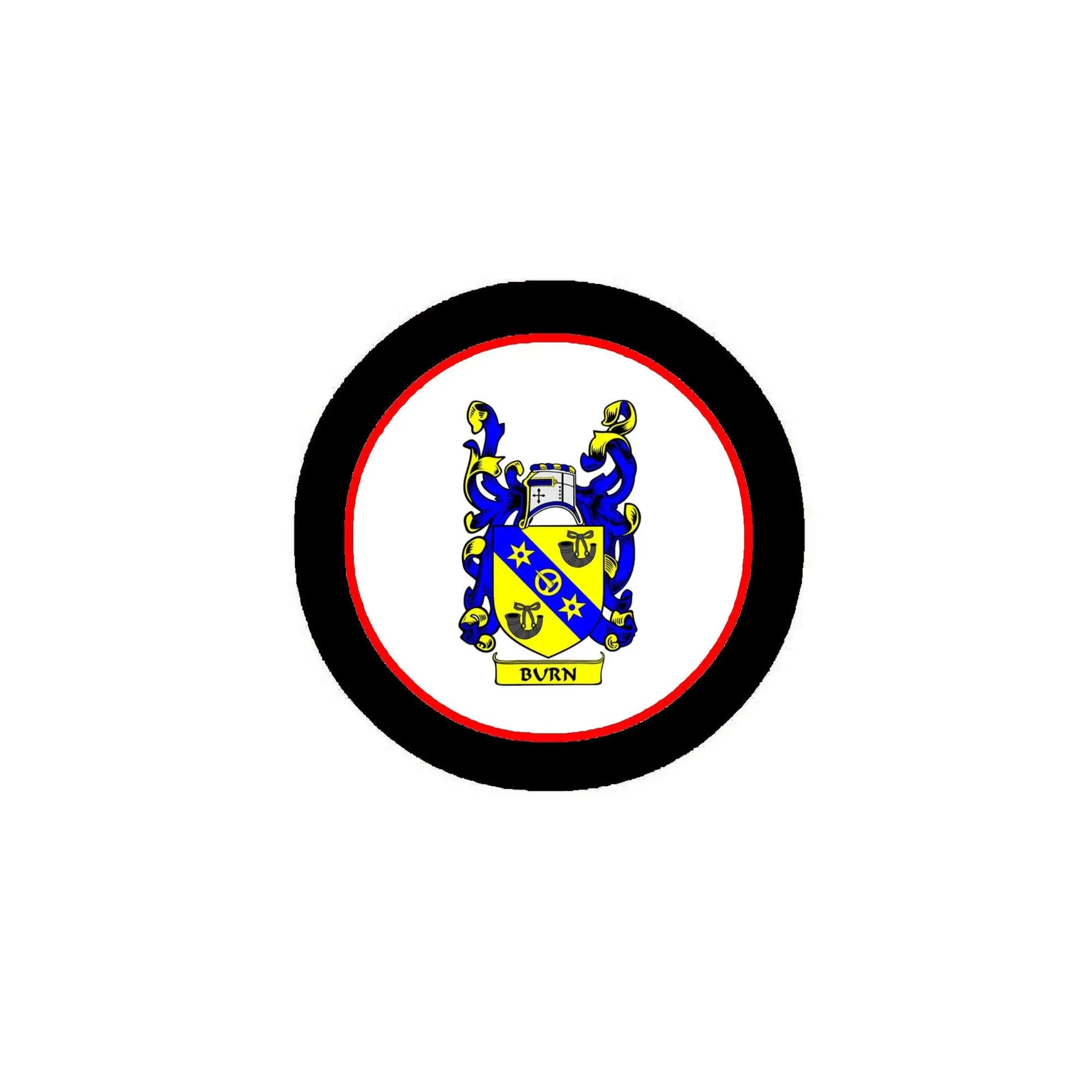 Round family crest arms refrigerator magnet with blue shield on white center, black rim