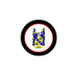 Round family crest arms refrigerator magnet with blue shield on white center, black rim