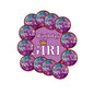 Birthday pinback buttons set, purple galaxy circles with red trim and 'BIRTHDAY SQUAD'.