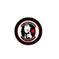 2.25-inch pinback button with black rim, red plus, and punk girl graphic