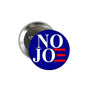 Round blue pinback button with large 'NO JO' text and red stripe graphic