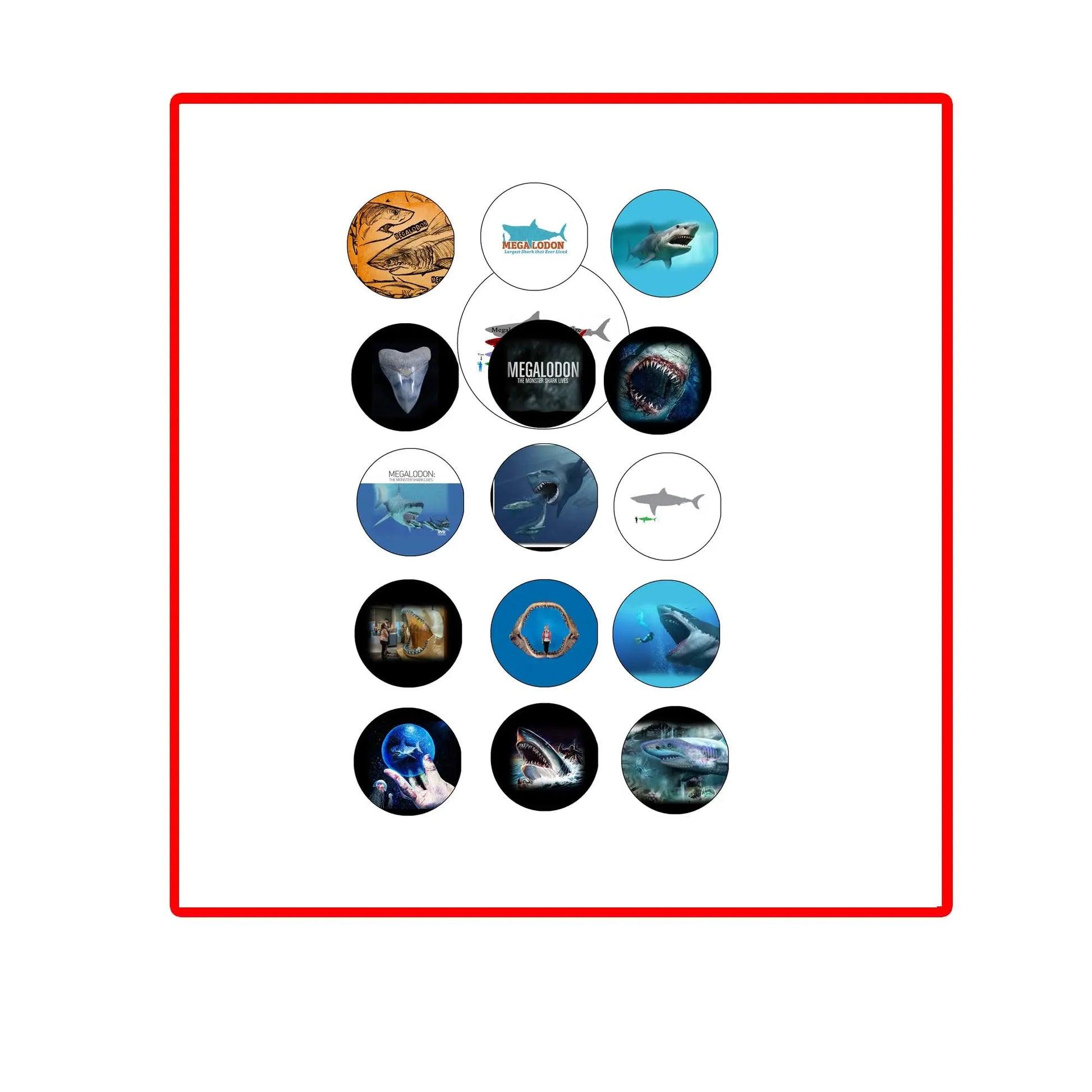 Set of 12 round megalodon-themed pin badges, enamel shark designs