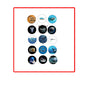 Set of 12 round megalodon-themed pin badges, enamel shark designs