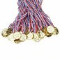 Gold plastic winner medals with star design, round gold medallions on red-white-blue ribbons