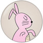 Round rabbit pinback button with hand-drawn pink rabbit illustration