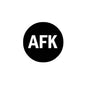 AFK pinback button: black circular enamel with white AFK lettering