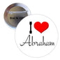 Round pinback button with red heart and black "I love Abraham" text on white