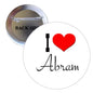 Pinback button pin with red heart and "I Love Abram" text