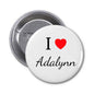 Round I heart Adalynn pinback button with safety pin, silver and white design