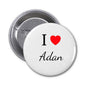 I Love Adan pinback button, white round badge with red heart and 'Adan' script
