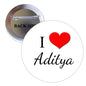 2.25-inch pinback button with white face, red heart, and black 'I Love Aditya' text