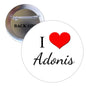 2.25-inch round pinback button: I ♥ Adonis with red heart, visible metal back and pin