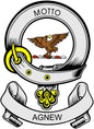 Round family crest coat-of-arms magnet with eagle and motto, yellow and brown accents