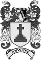 Coat of arms pinback with banner reading ANWICKE and a cross-tomb shield