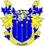 Heraldic family crest pinback badge with blue-and-yellow shield and ARCHER text