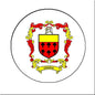 Round coat of arms magnet with red, gold, and black family crest design, 3 inch size
