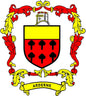 Arderne family crest pinback badge with red shield and black crosses, banner 'ARDERNE'.