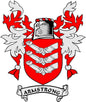 Armstrong coat of arms pinback badge with red and white shield and ribbon banner