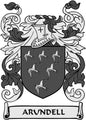 Family crest arms magnet with dark shield, birds, cross helmet, and ARUNDELL banner