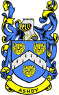 Family crest coat of arms pinback with blue shield, yellow lions, and Ashby ribbon