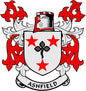 Red-and-white coat of arms pinback with shield, cross, stars, and Ashfield ribbon