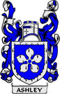 Blue and white family crest coat of arms magnet with banner reading ASHLEY