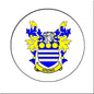 Family crest coat arms magnet with shield, blue stripes, and yellow accents, round 3-inch