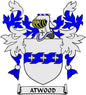 Atwood family crest arms magnet: blue fleur-de-lis, white shield, ATWOOD banner