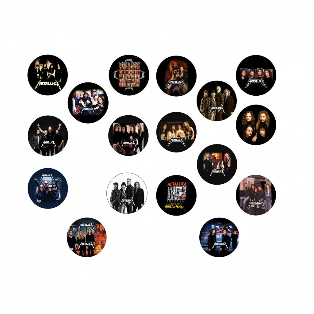 A set of 15 round metal buttons featuring various Metallica album covers and band photos, arranged on a plain white background.