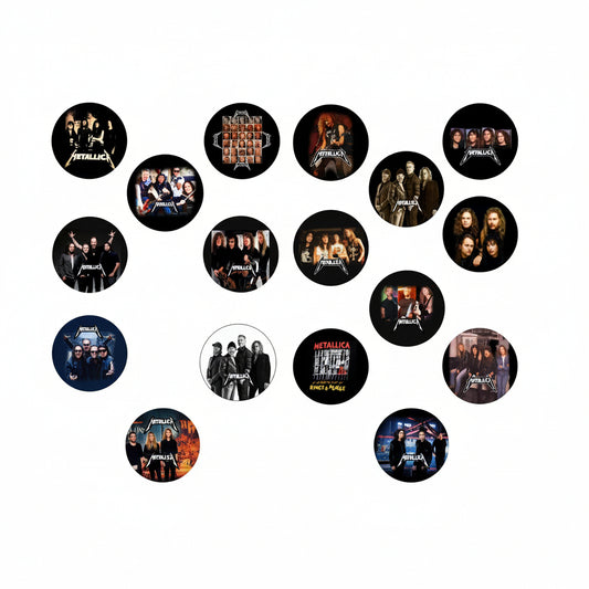 A set of 15 round metal buttons featuring various Metallica album covers and band photos, arranged on a plain white background.