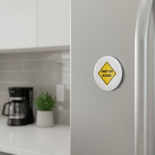 Small round white fridge magnet with yellow BABY ON BOARD diamond on stainless door