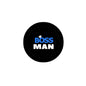2.25-inch round pinback button, black with blue “BOSS” and white “MAN” text and crown