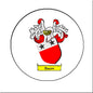 3-inch circular family crest arms magnet with red, white, black, gold Bacon banner