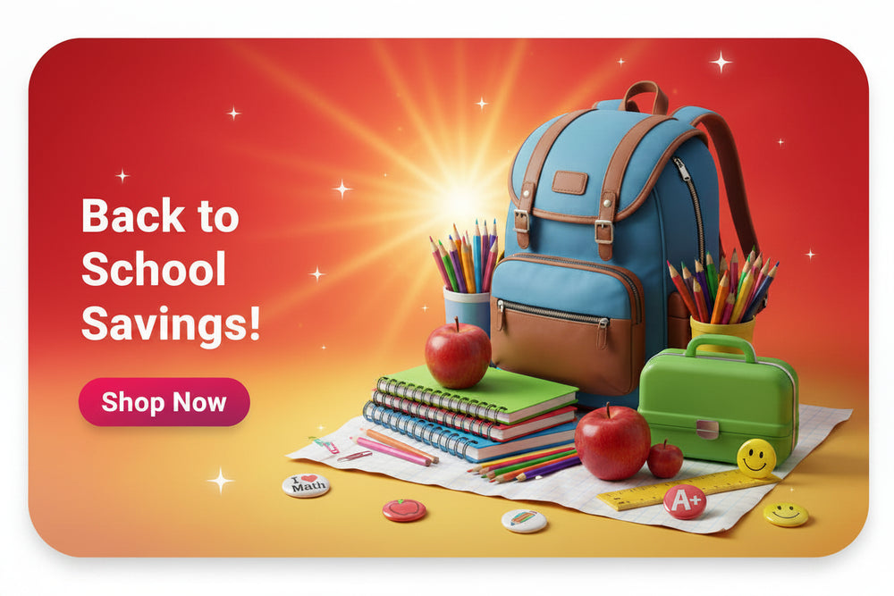 DO NOT DELETE: A colorful 'Welcome Back to School!' promotional banner with a pink-to-yellow gradient background, school supplies including notebooks, pencils, a red backpack, apples, and a red 'Shop Now' button.