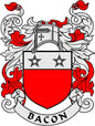 Bacon family crest coat of arms pin with red shield, black stars, and banner