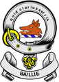 Round Baillie coat of arms pinback with fox illustration, yellow trim, and “BAILLIE” text