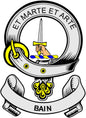 Round Bain coat of arms pinback with sword and yellow flourishes, black and white border text