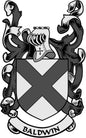Baldwin family crest pinback with black-and-white shield and ribbon banner