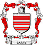 Family crest coat of arms magnet with red and white striped shield and BARRY banner