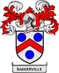 Baskerville family crest pinback with red flames, blue circles, and white shield