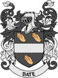 Family crest coat of arms pinback with BATE ribbon banner and hands shield emblem