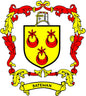 Family crest pinback: yellow shield with red ornaments and red “BATEMAN” ribbon banner.