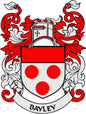 Bayley family crest pinback with red-and-white shield, crest helmet, red dots and banner
