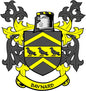 Baynard family crest coat of arms pinback: gray shield, yellow chevrons, three black birds
