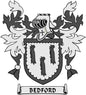 Bedford family crest coat of arms pinback badge with shield, flames, and banner